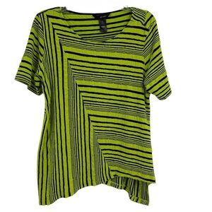 Ali Miles Women Size XLP Neon Green Black Crinkle Top Artsy Art to Wear Crewneck